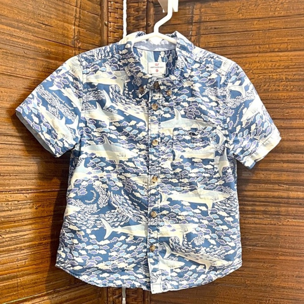 Vineyard Vines Blue and Purple Shark Print Button Up Shirt, size 3T